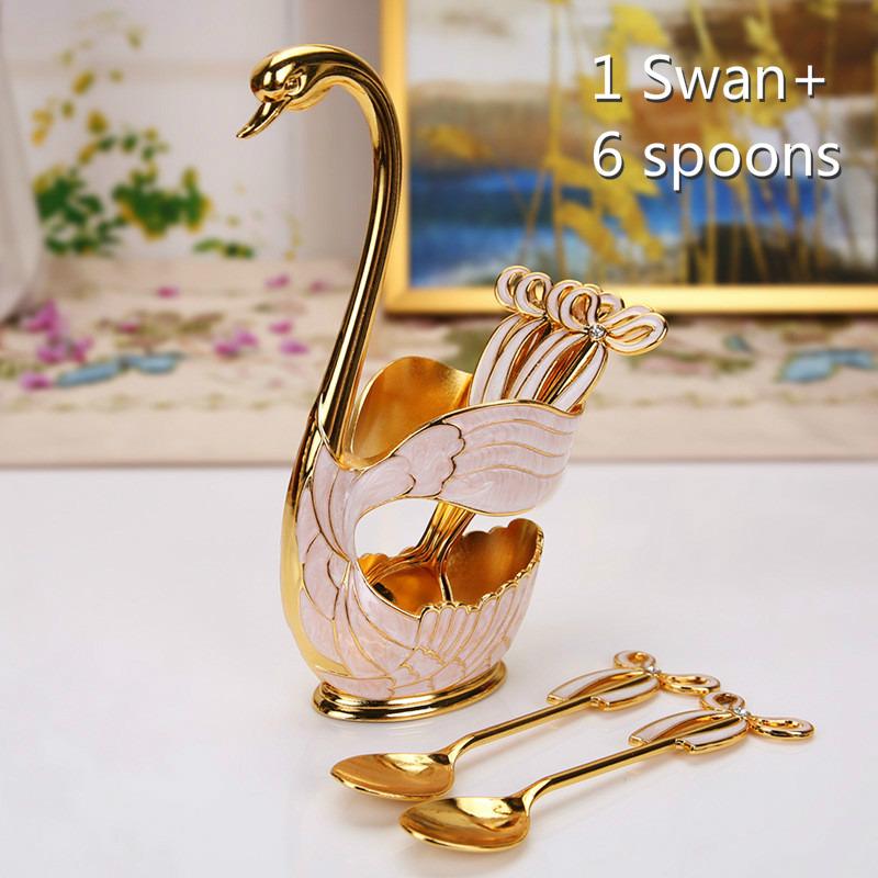 6Pcs/set Gold Silver Cutlery Set Dinnerware Silverware Flatware Set Swan Spoon Stand Holder Cake Dessert Snack Spoon Kitchen Set
