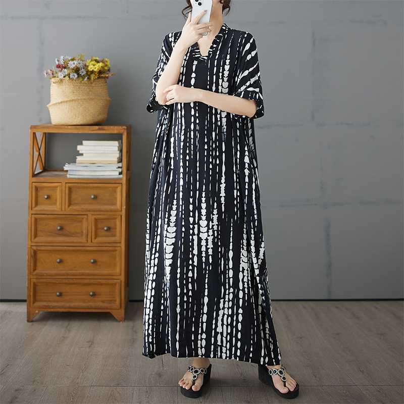 Black Striped Women's Cotton Short Sleeved Long Loose Casual Dress