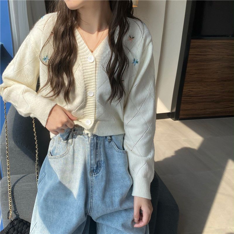 Short women's top spring thin hollowed-out cardigan gentle style loose V-neck knitted sweater summer