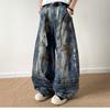 Men's Mid Rise Washed Cat Whisker Barrel Jeans Loose Wide Leg Denim Pants American Vintage High Street Y2K Casual Four Seasons Long Trousers