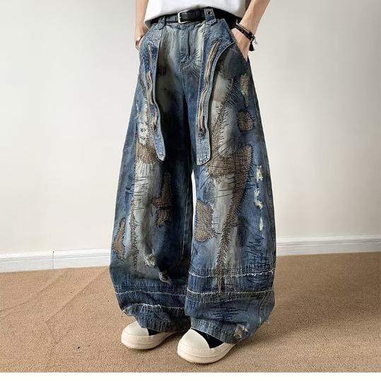 Men's Mid Rise Washed Cat Whisker Barrel Jeans Loose Wide Leg Denim Pants American Vintage High Street Y2K Casual Four Seasons Long Trousers