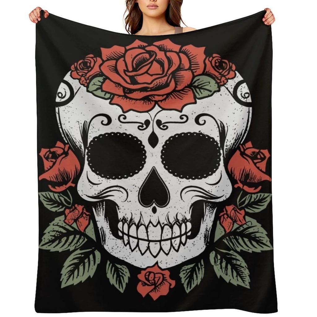 Sugar Skull with Roses Throw Blanket Anime Soft Plush Plaid Sofa Bed Valentine Gift Ideas Blankets