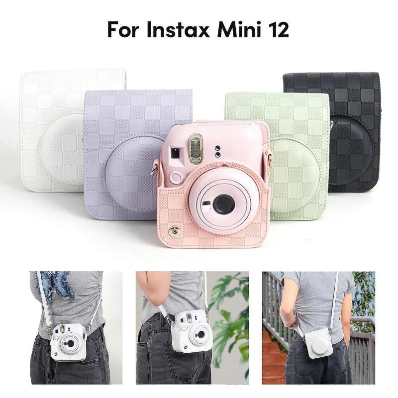 Lightweight Camera Shoulder Crossbody Bag Shoulder Strap Buckle Large Capacity Camera PU Bag for Mini12 Cameras  White