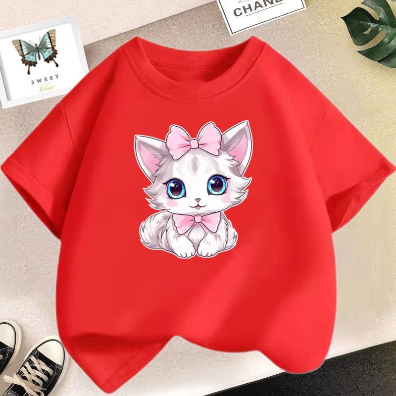 Summer children's T-shirt cute cat girl printed top short sleeved round neck shirt