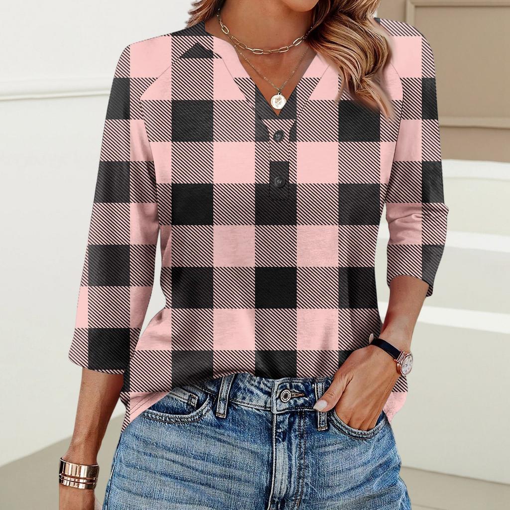 Damenmode Lässig Bedrucktes V-Ausschnitt Knopf Dreiviertelarm T-Shirt Raglanärmel Top