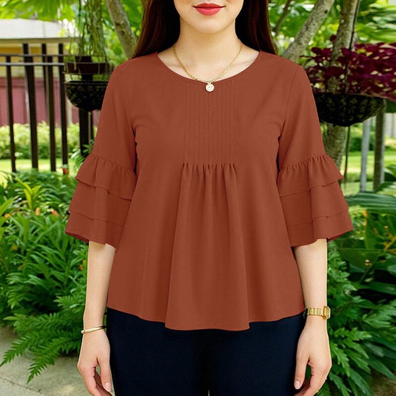 ZANZEA Women Casual Round Neck Solid Color 3/4 Sleeve Loose Blouse
