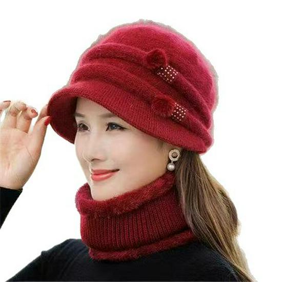 Warm Winter Knitted Hat for Middle-aged & Elderly Women - Rabbit Fur & Velvet, Ideal for Travel