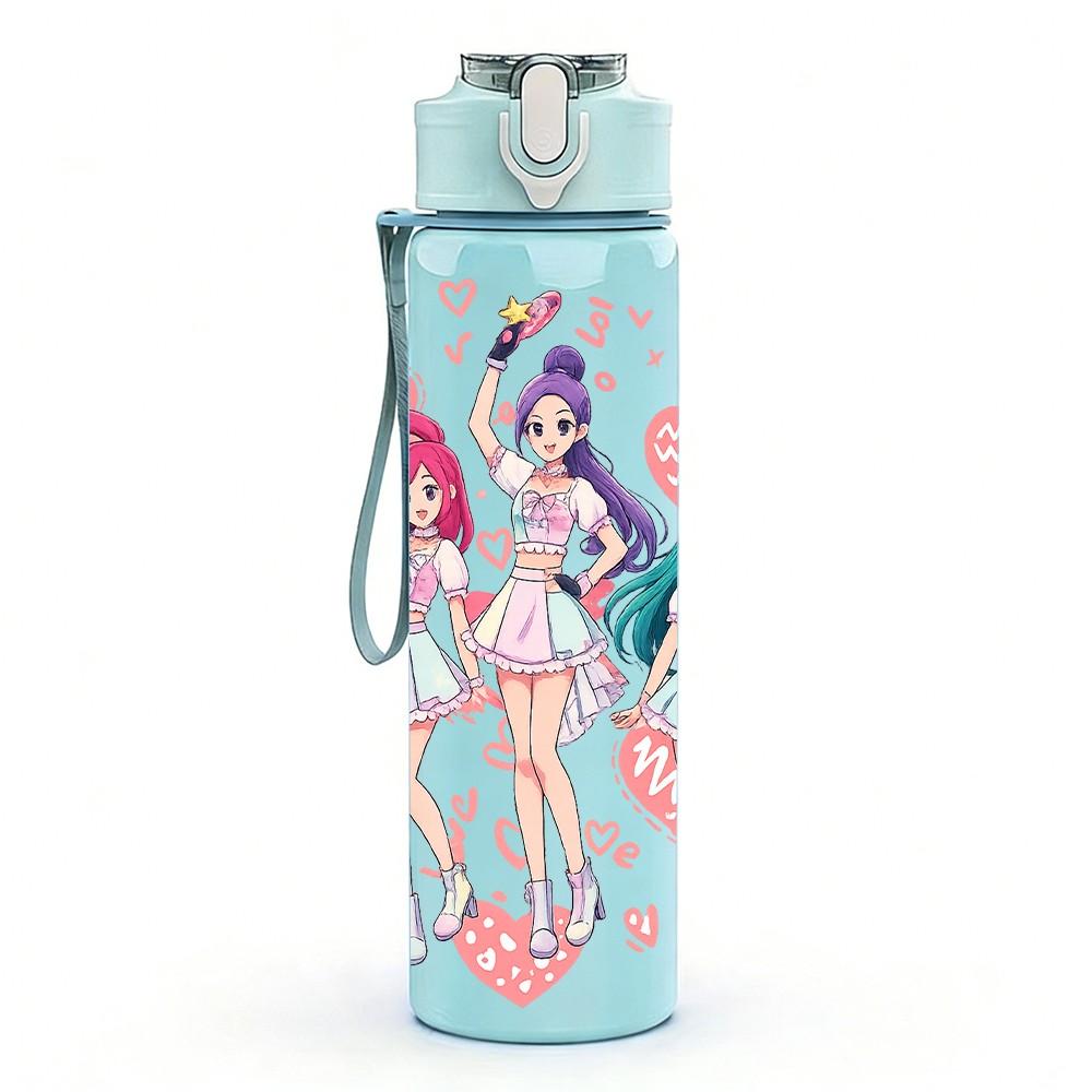 1PC Anime Girl Group Colorful Cartoon Art 750ml Color Plastic Sports Water Bottle Leakproof Flip Straw Lid Suitable for Sports Office Home Use
