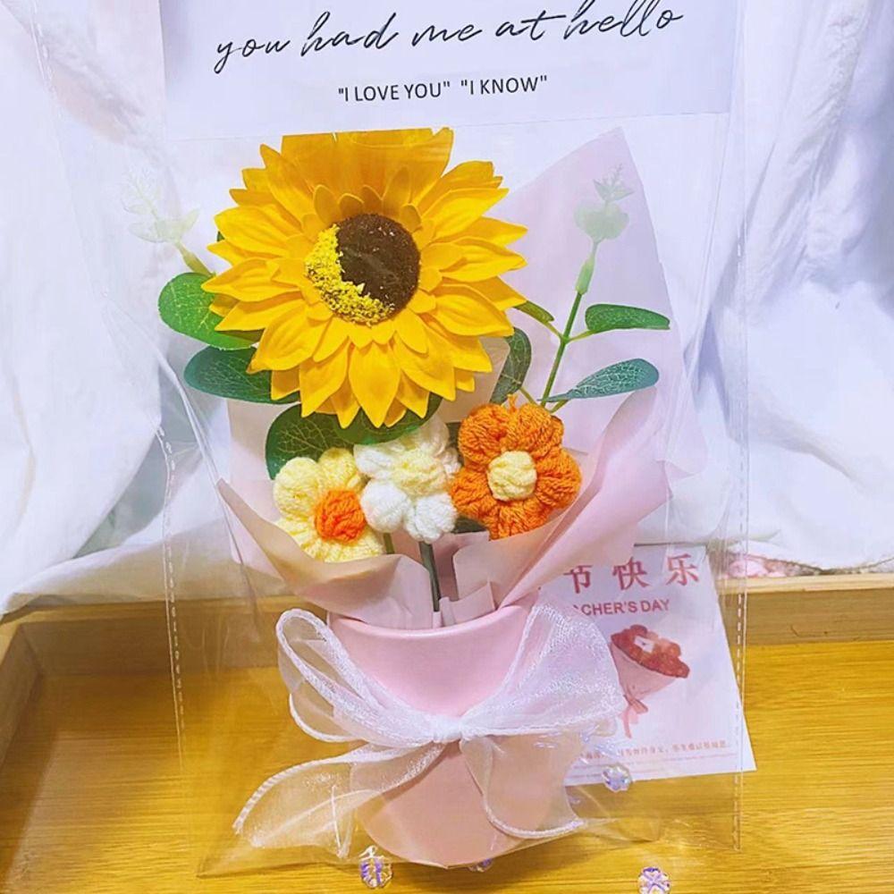 Handmade Knitted Flower Eternal Flower Valentine's Day Gifts Bouquet Crochet Rose Teacher’ Day Gifts Desk Decoration