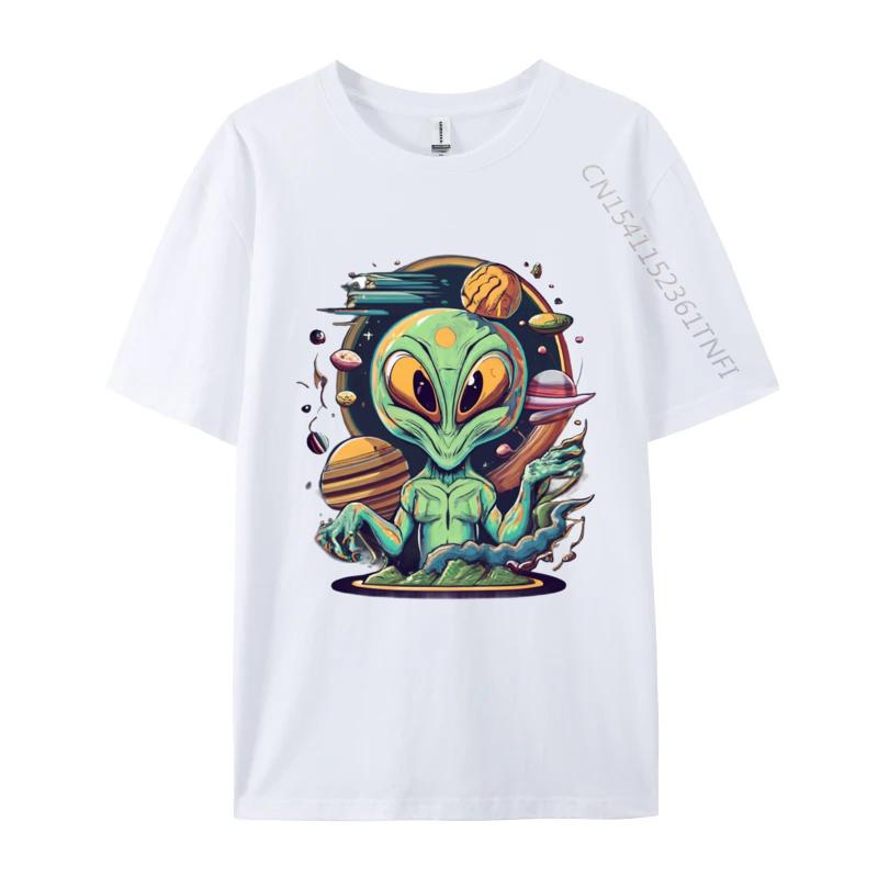 Alien Tshirt Anime Printed Tshirt Funny UFO Alien Space Men Tshirt Green And White Graphic T Shirt