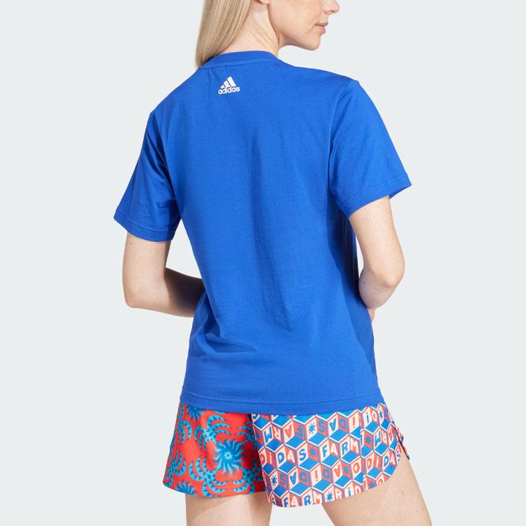 Adidas X Farm Rio Collaboration Letter Geometric Pattern Printed Round Neck Short Sleeve Drop Shoulder T-Shirt Women T-Shirt Blue IQ4485