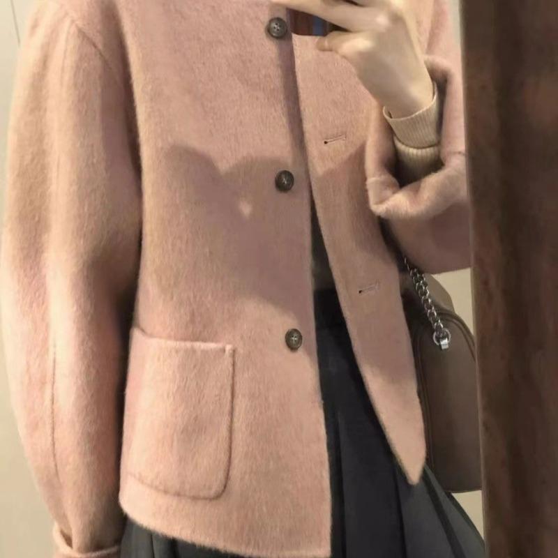 Pink Short Wool Coat Women Autumn Winter Korean Style Elegant Tweed Jacket