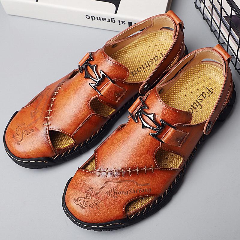 Fashion Summer Hollow Out New Flat Casual Sandals Men's Outdoor Seaside Breathable Cowhide Sewn Slippers Comfortable Men's Shoes 38-50