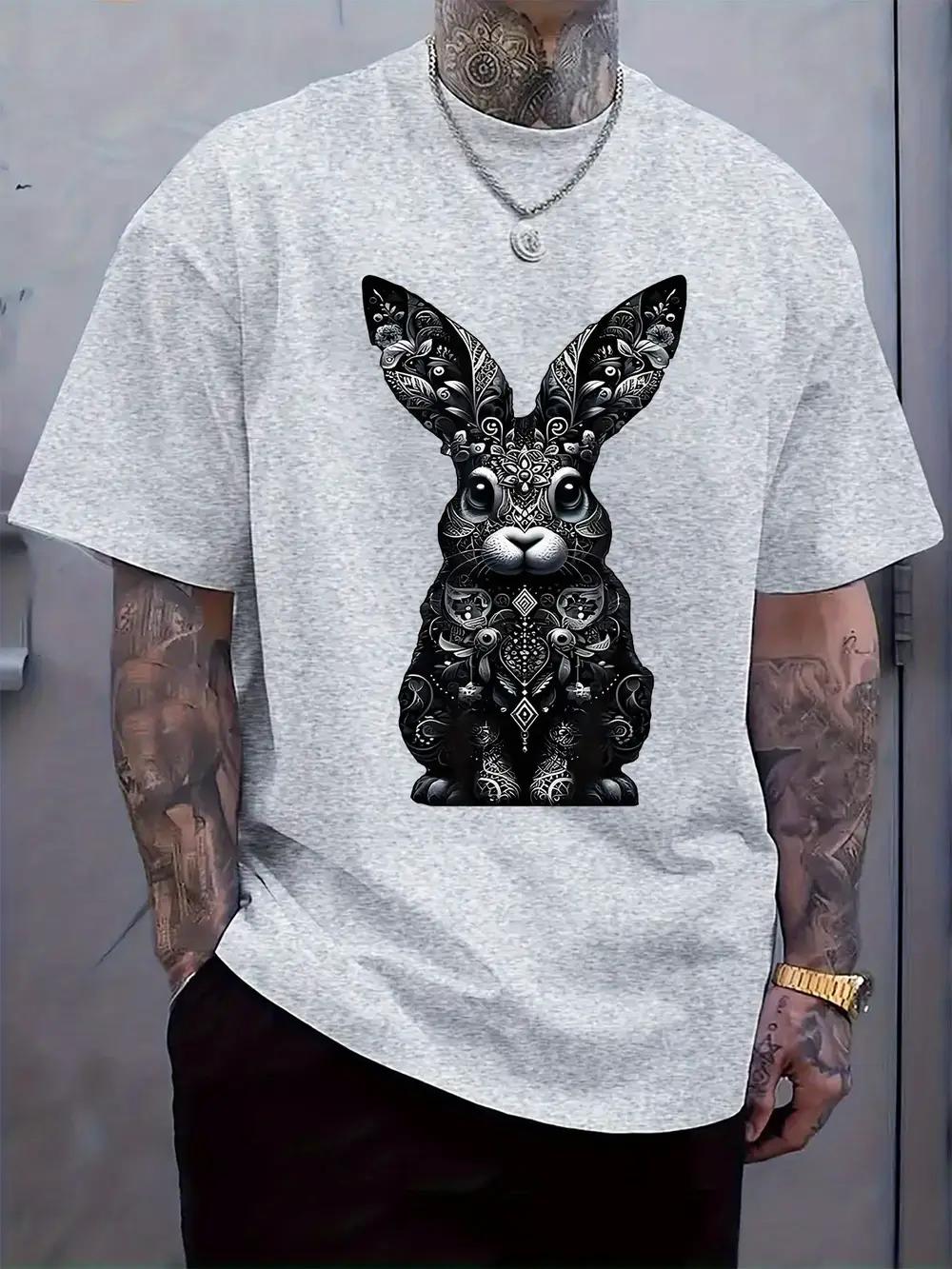 Black and White Floral Rabbit Print T-shirt - Casual Crew Neck Short Sleeve Tee with Intricate Design M