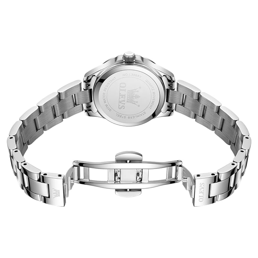 OLEVS Women's Luxury Elegant Watch Stainless Steel Waterproof Luminous Diamond Small Wrist Silver Blue Fashion Watch