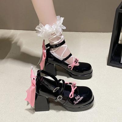 Cute Sweet Japanese Style High Heel Single Shoes Waterproof Butterfly Knot Lolita Shoes Polyurethane Lined Rubber Bottom