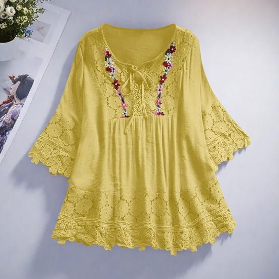 Damen Shirt V-Ausschnitt Schnürung Halber Ärmel Pullover Tops Einfarbig Lockere Passform Stickerei Spitze Blume Spleißen Shirt