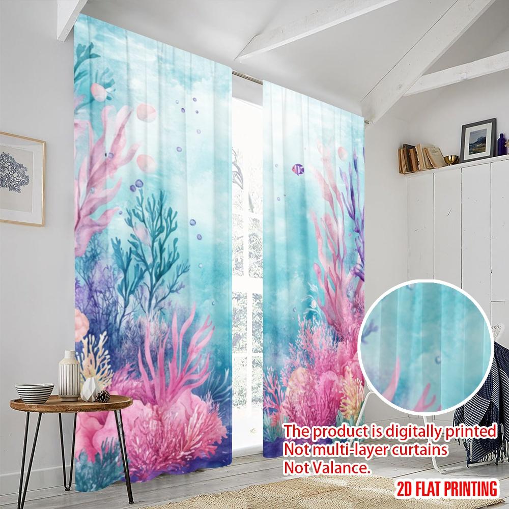 2pcs,2D plane printing Pattern Curtains Coral Dreamscape Polyester Woven (without rod) Decorations Inside Ldeal for Home &