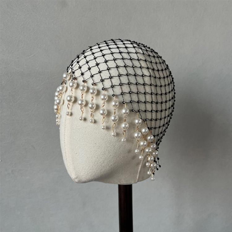 Sparkling Pearls Adorned Tassels Hair Hat Sophisticated Faux Pearls Tassels Hairpiece Hat for Evening Event and Galas