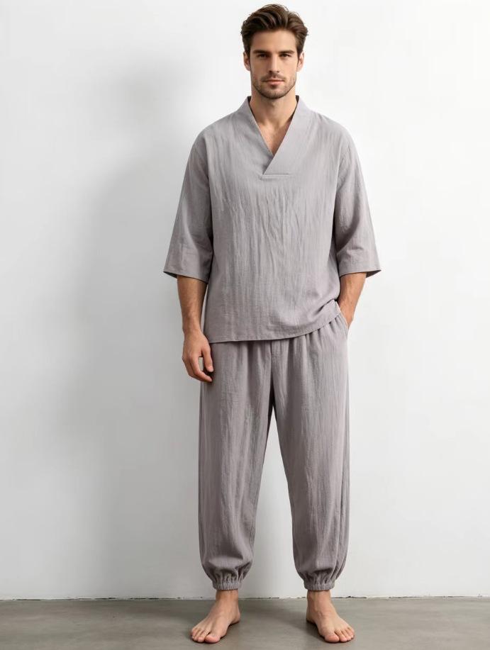 Mens Chinese Style Loose Cotton Linen Two Piece Set V Neck T Shirt Long Pants