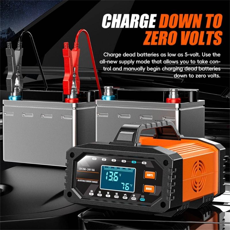 12V/24V Car Battery Charging Equipment with LCD Display Pulse Repair Intelligent Charging Device for Cars Trucks Boats
