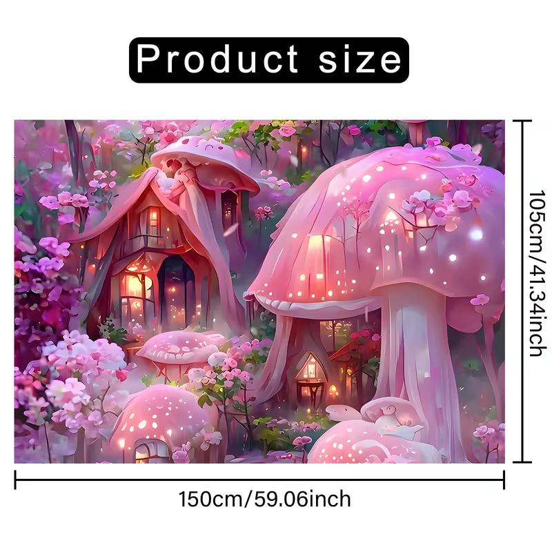 2D Glowing Pink Mushroom Cottages Flat Printing Backdrop with Magical Forest