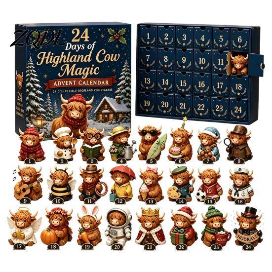 Artículos de Decoración para el Hogar de Temporada 24 Días Calendario de Adviento de Vaca de las Tierras Altas 3D 2026, Lindos Ganado de Granja Regalos Únicos de Navidad para Amigos Calendario de Cuenta Atrás,