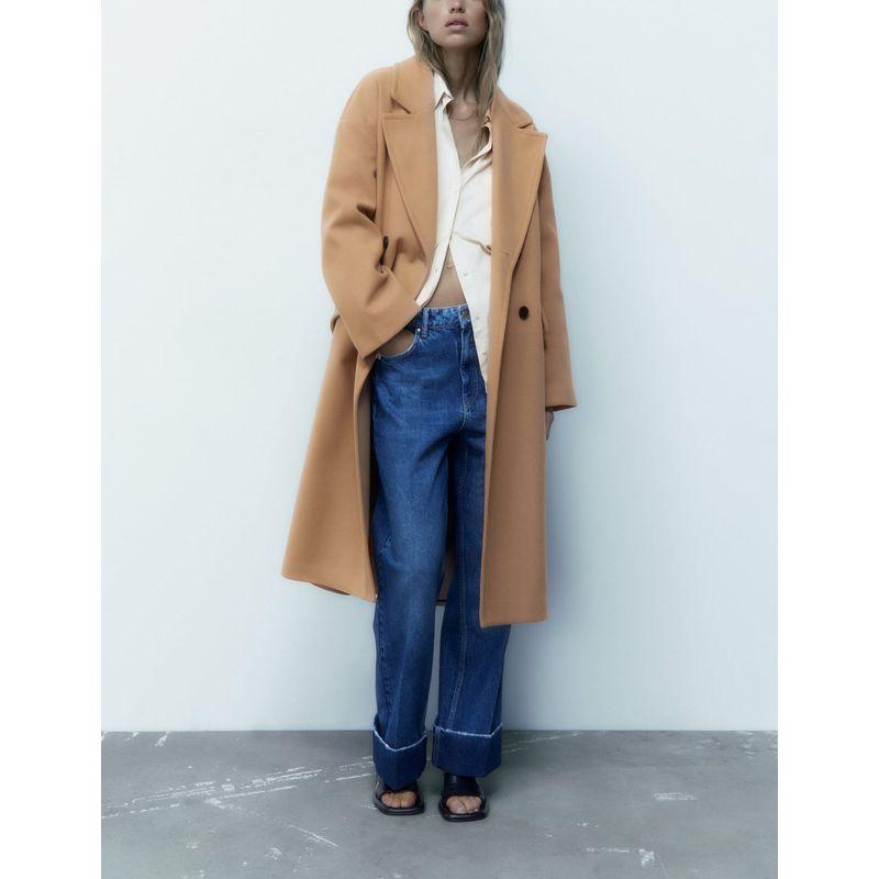 Winter New Double Breasted Loose Lapel Long sleeve Fleece Blended Neutral Wind Coat Outerwear 3046301