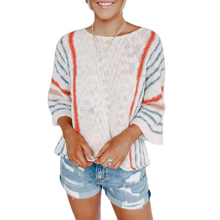 2024 Spring/Summer Women's Bell Sleeve Colorblock Sweater - European/American Fashion Vertical Stripe Knit Top