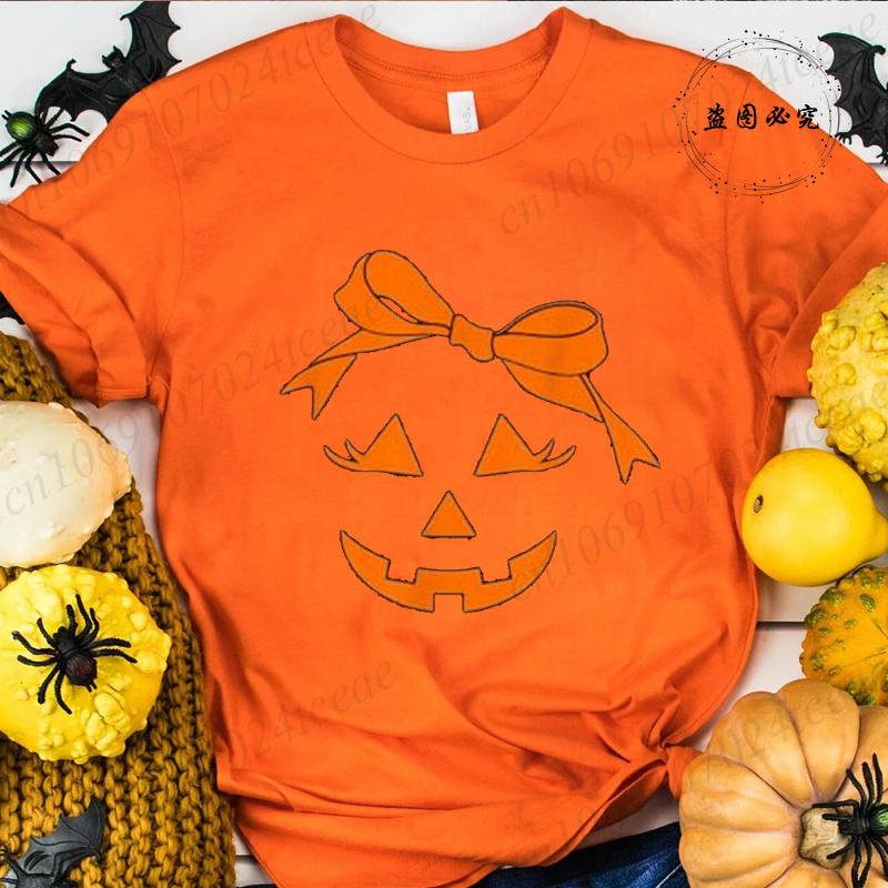 Coquette Bow Pumpkin Face Unisex Tshirts Funny Halloween T Shirt Unisex Unisex Tshirt Unisexs Oversize Tshirt Hip Hop Streetwear