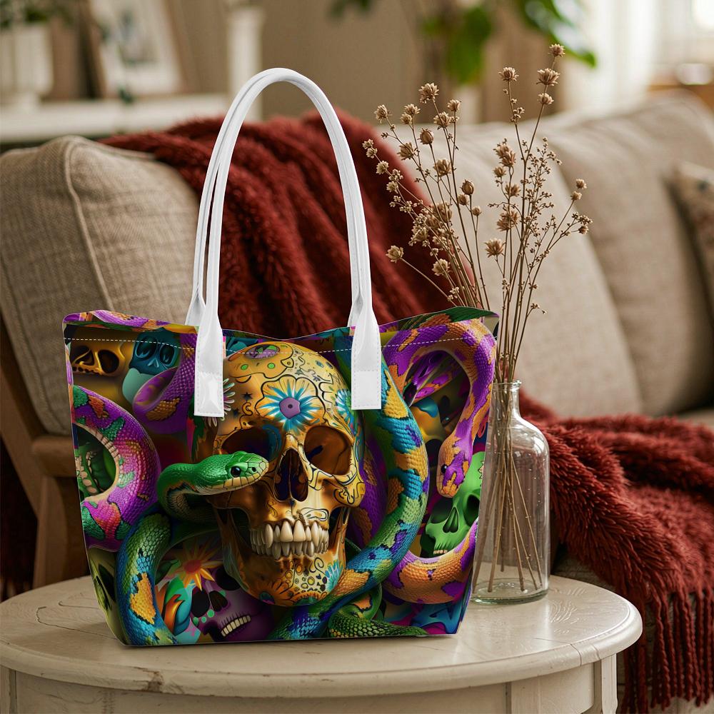 Colorful Skull Snake Print Tote Bag Fashion Casual Large Capacity Daily Carry Handbag