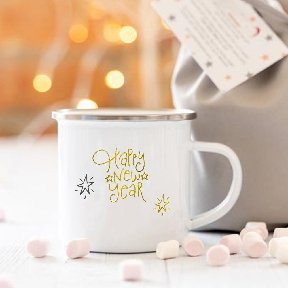 Happy New Year Print Mugs Enamel Coffee Cups Handle Hot Cocoa Chocolate Cup Children Breakfast Milk Mug Holiday Gift for Family