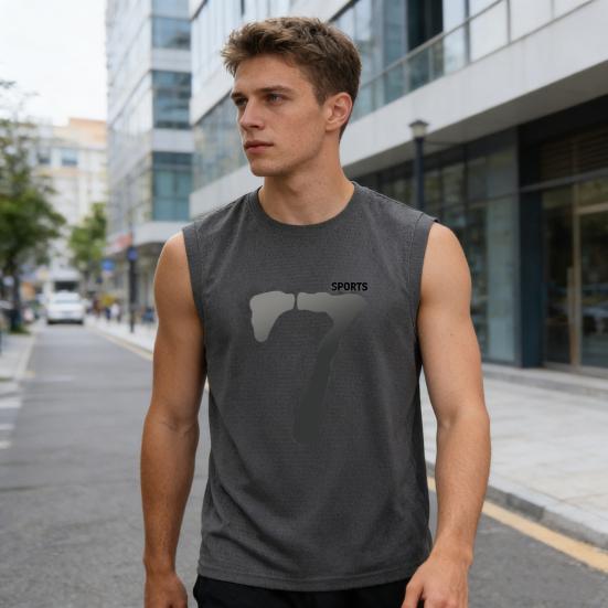 Męska kamizelka bez rękawów z okrągłym dekoltem, szybkoschnąca, siateczkowa, sportowa, z wzorem numer siedem, luźny krój, topy fitness, do noszenia na co dzień