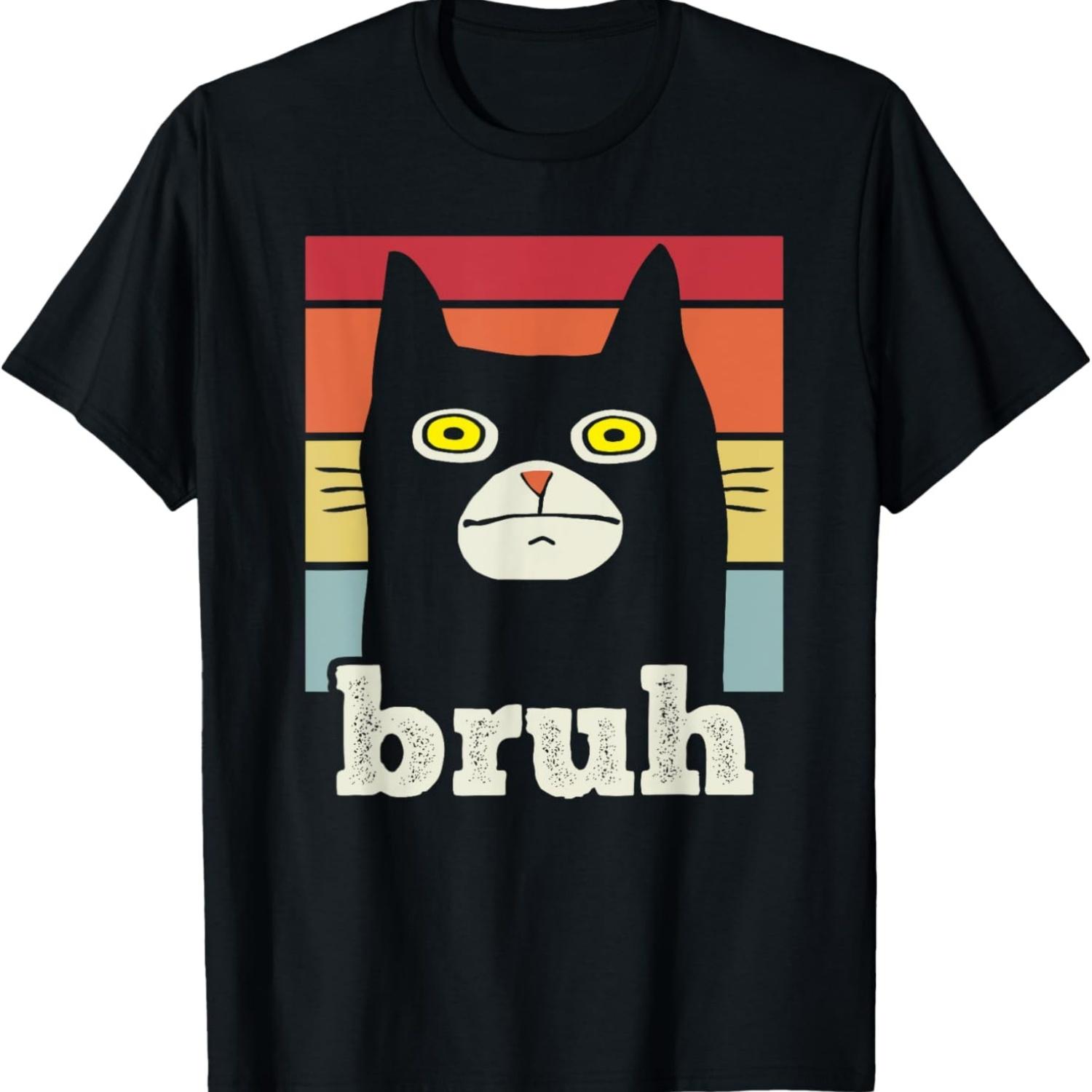 Funny Meme saying Bruh with Cat Greetings Teens Boys Men T-Shirt(1) S чёрный