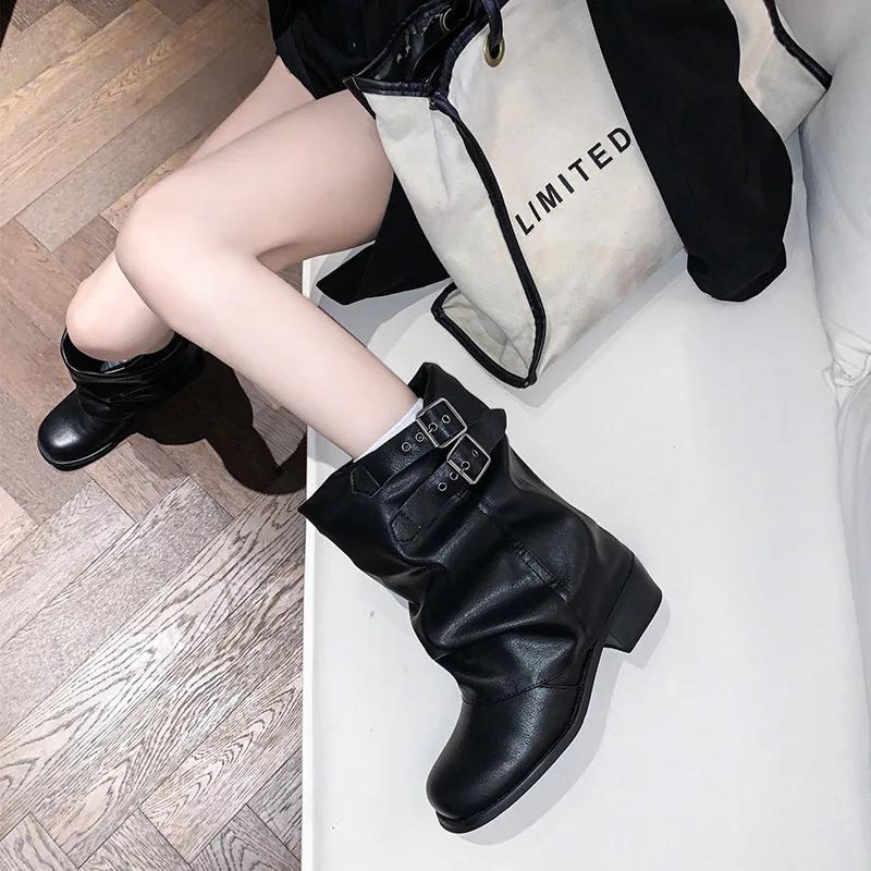 Women's Pleated Cuffed Boot Spring 2025 Mid-Calf Chunky Heel Black Short Boot for Skirts round Toe Polyurethane Rubber