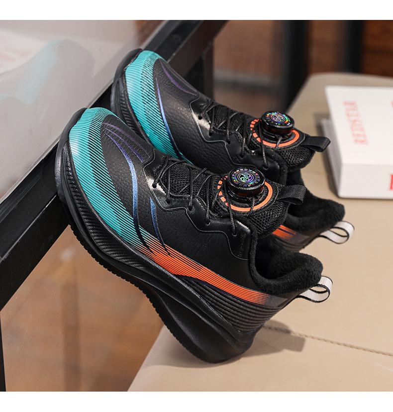 Boys' Winter 2025 Fleece-Lined Leather Running Shoes for Medium & Large Children, Warm Sports Cotton Shoes