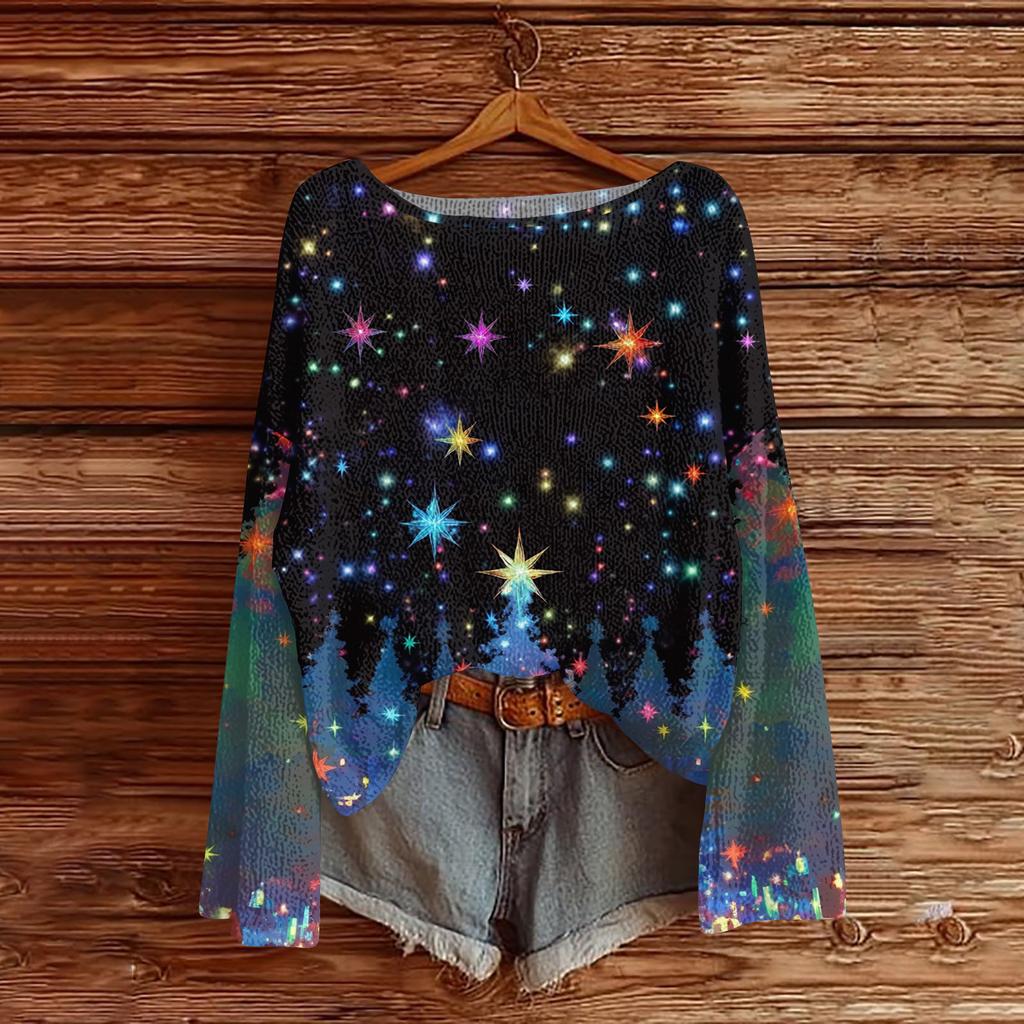 Damenmode Weihnachtsdruck Leichter Pullover Lässig Langärmlig Strick-Pullover-Oberteil