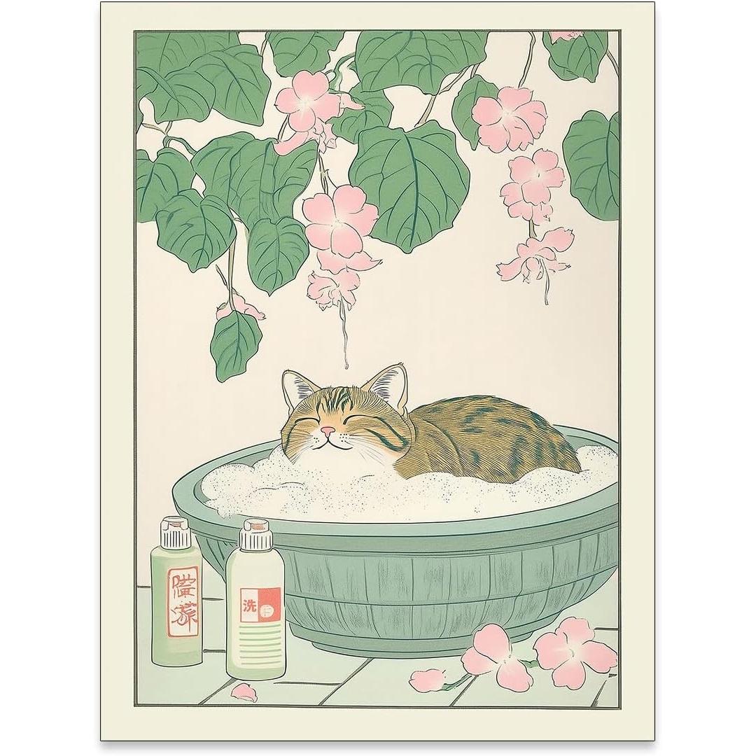A tabby cat tapestry in a rustic neutral bathroom 75x100