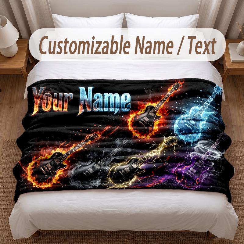 Music Guitar Theme Soft Blanket Personalized Custom Name Text Print Warm Blanket Home Sofa Bedroom Decor