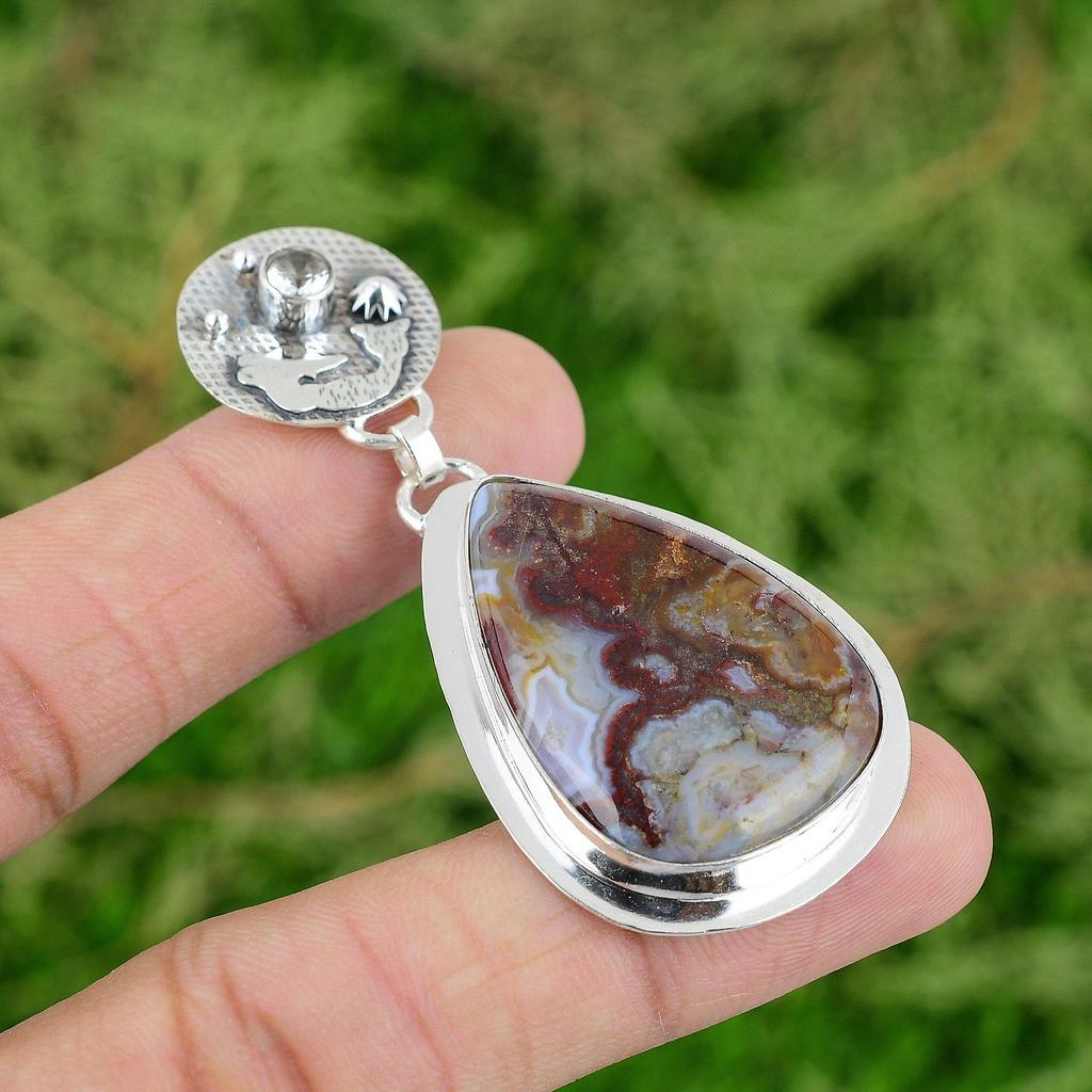 Sterling Silver Crazy Lace Agate Stone White Topaz Trendy Mermaid Bezel Pendant