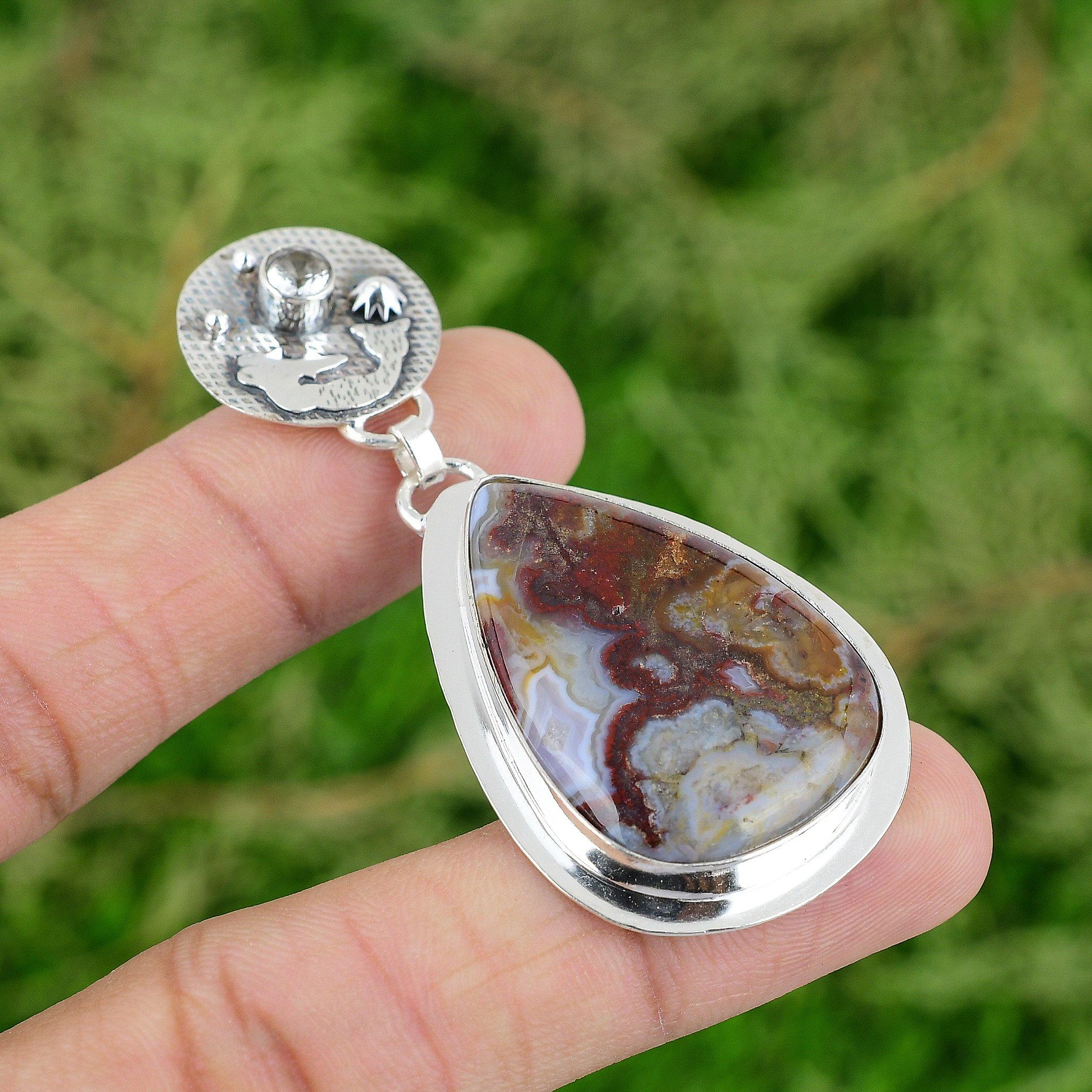 

Sterling Silver Crazy Lace Agate Stone White Topaz Trendy Mermaid Bezel Pendant