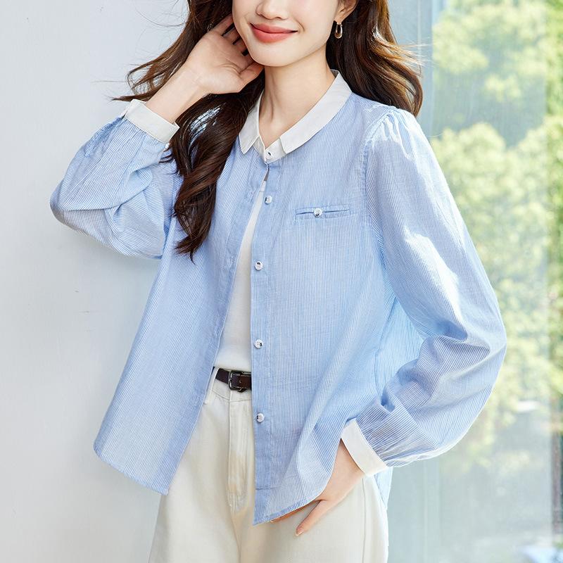 

Blue Striped Shirt Women s Long-sleeved Summer New Small Square Collar Contrasting Shirt XL