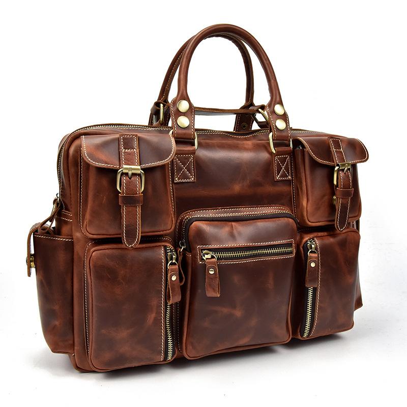 Vintage Men'S Briefcase Crazy Horse Leather Large-Capacity Handbag, Genuine Leather Shoulder Messenger Bag, Commuter Computer Bag To Work