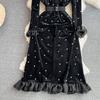 Balck Hepburn Sweet Style Women's Dress Flare Long Sleeve Diamond Stand Velvet High Waist A-line Dresses Autumn Winter Fashion Design Party Clothes