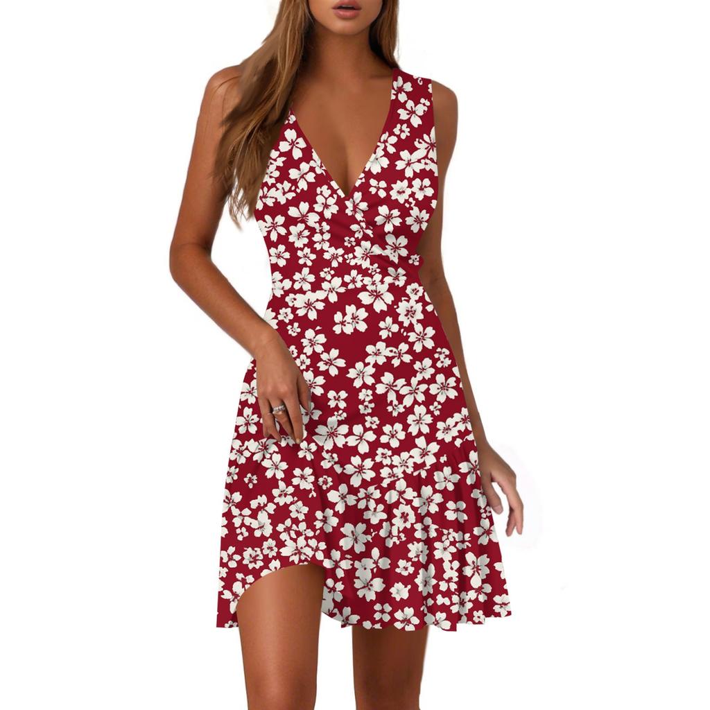 Ladies Casual Fashion V-Neck Sleeveless  Print Dress