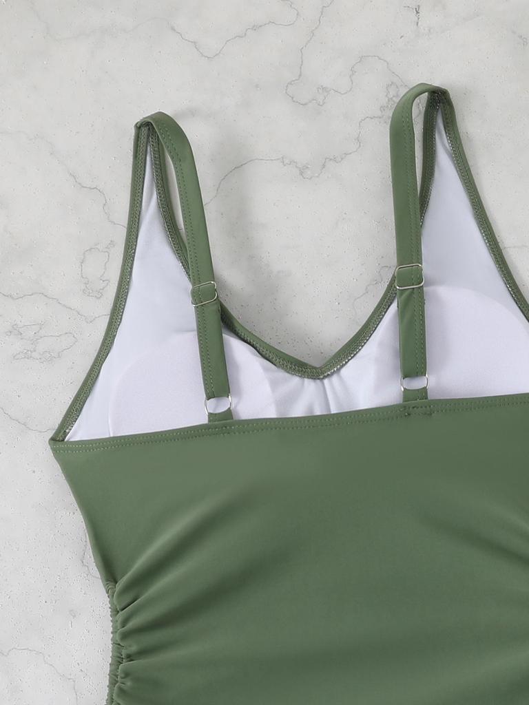 Women's 2026 Solid Color Drawstring Waist One-Piece Swimsuit - New Fashion Trends In Europe and America