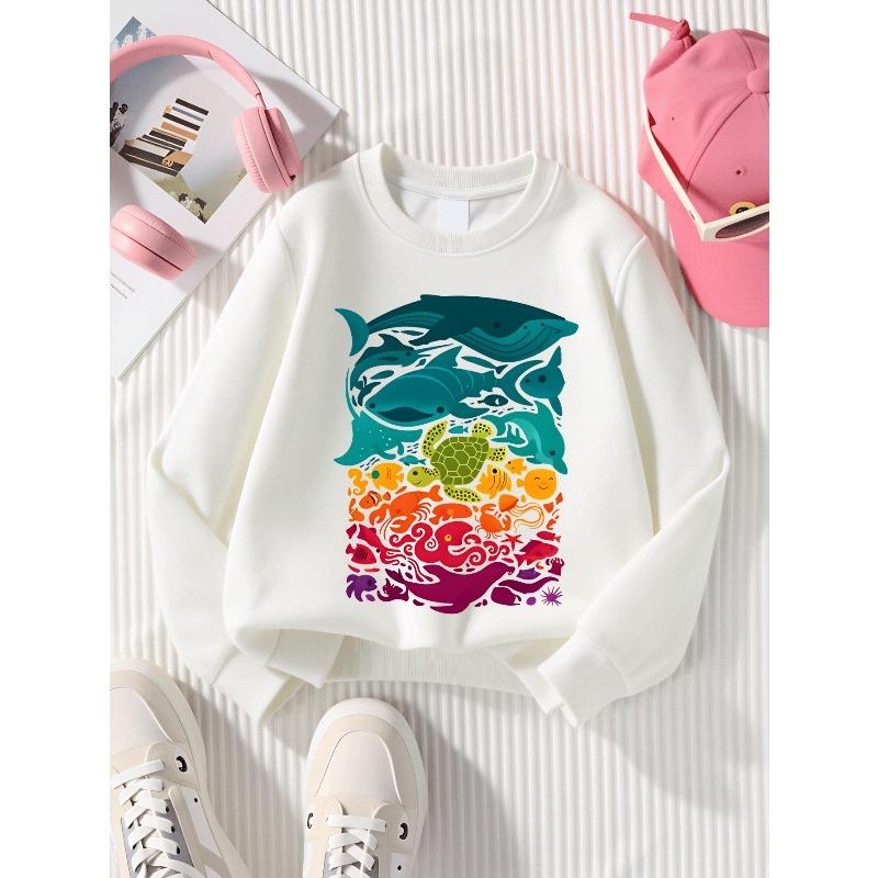 Girls Soft Crewneck SweatshirtColorful Ocean Marine Life Animal Print with Cute Creative Print, Casual All-Match for Fall Winter