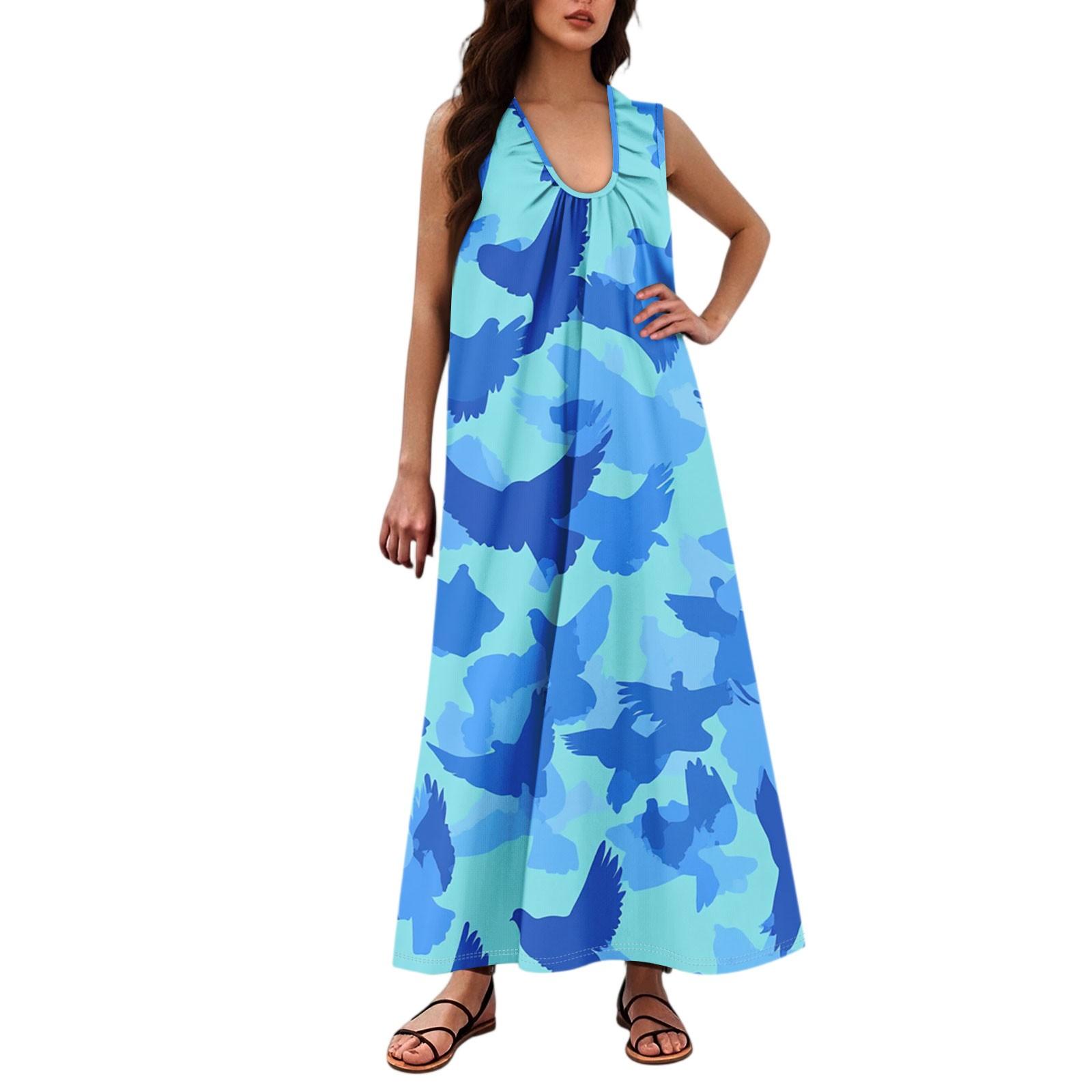 

Женская Мода Повседневная А-силуэт Цветочный Принт Эффект Молотка Свободная Длинная Юбка с Карманами XXL синий