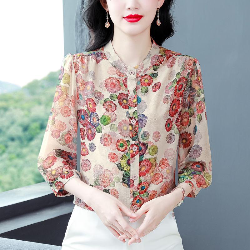 Summer New Stand Collar Women Blouse Fashion Casual Print Chiffon Blouse Shirt Women Tops
