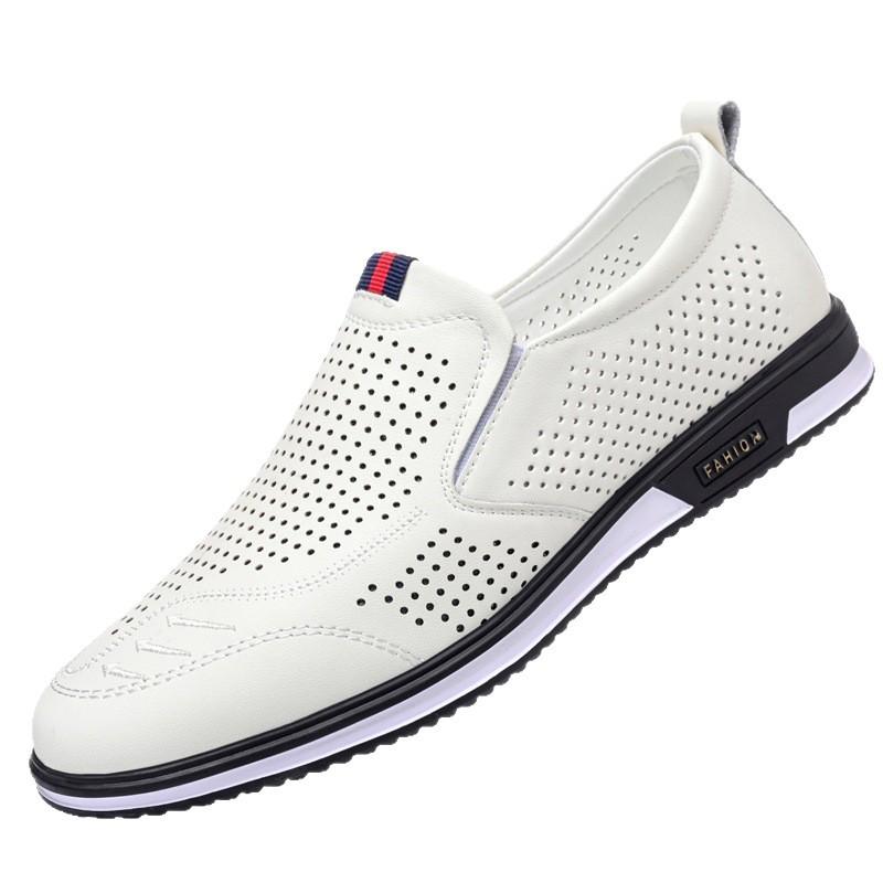 Trendy Men's Versatile White Shoes Fashionable Hollow Leather Shoes Men's Soft-soled Work Shoes